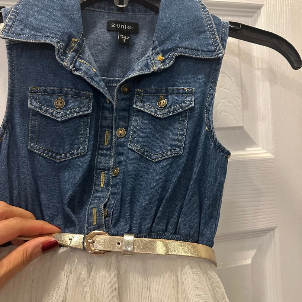 Zunie denim and white tulle with gold accents party dress - size 6 - Picture 5 of 6